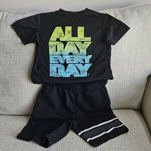 OLD NAVY Boys Black Tee Shirt and Black Shorts With Stripes